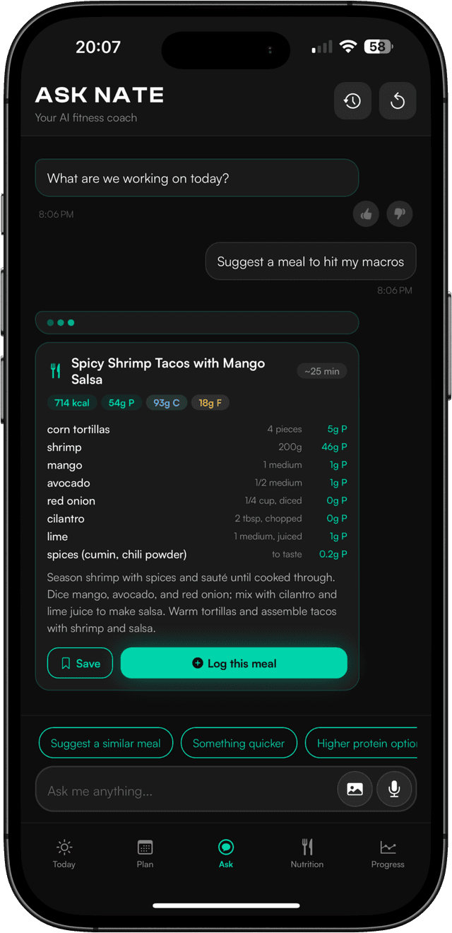 NATE app - Ask NATE coach suggesting a personalized meal with full recipe and macro breakdown