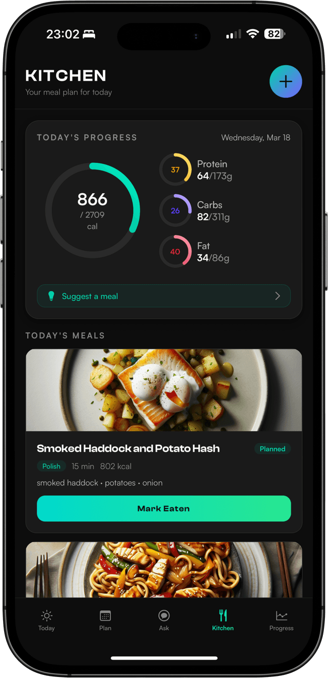 NATE app - Nutrition tracking with calorie ring, macro progress bars, meal suggestions, and food logging