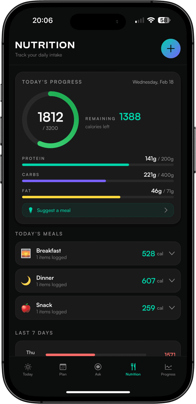 NATE app - Nutrition tracking with calorie ring, macro progress bars, meal suggestions, and food logging