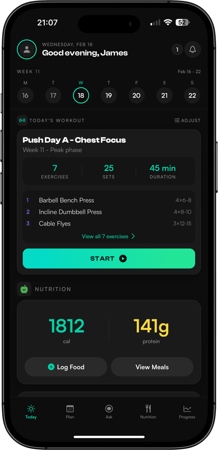 NATE app - Today screen showing your personalized workout plan, nutrition tracking, and daily overview