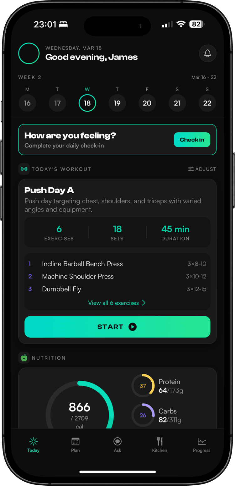 NATE app - Today screen showing your personalized workout plan, nutrition tracking, and daily overview