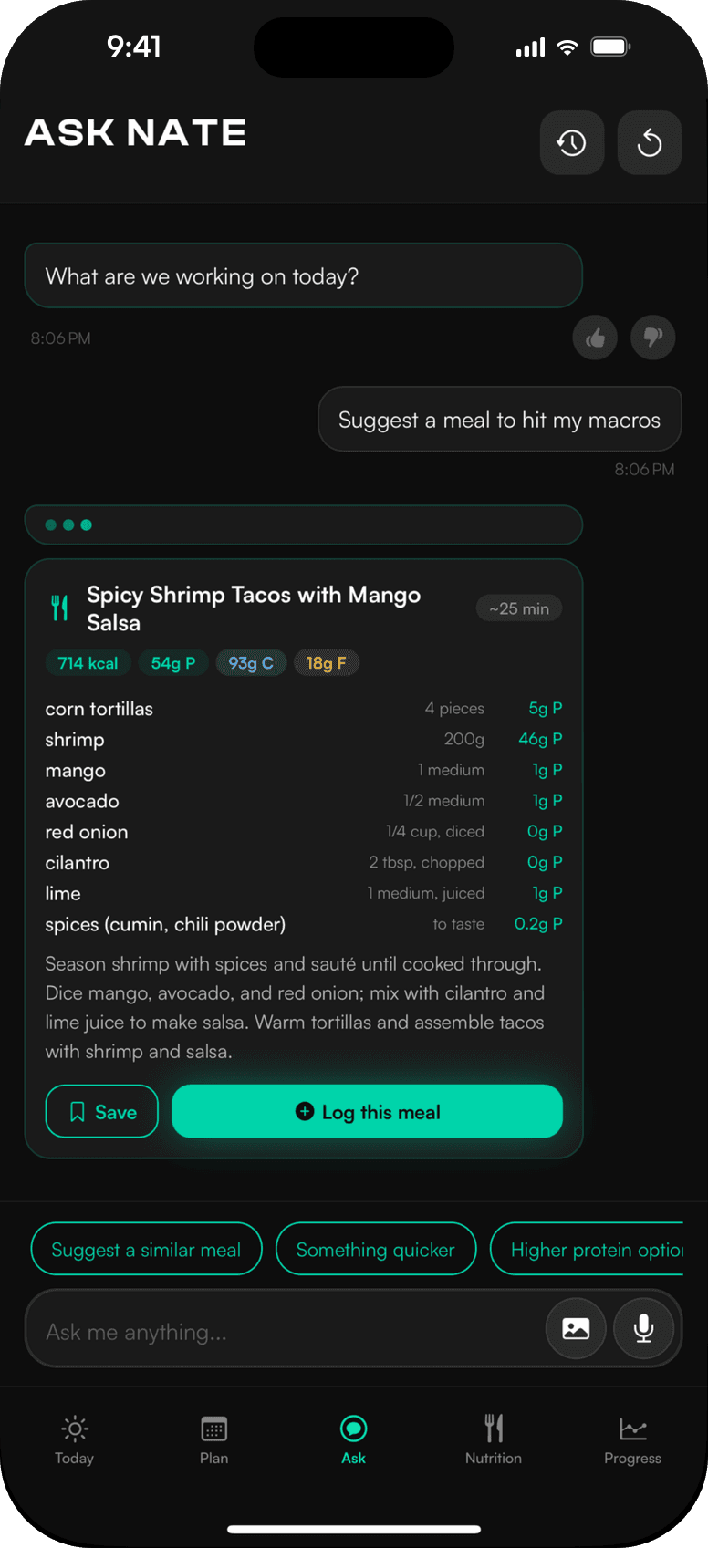 Ask NATE suggesting a meal that fits the day's remaining macros