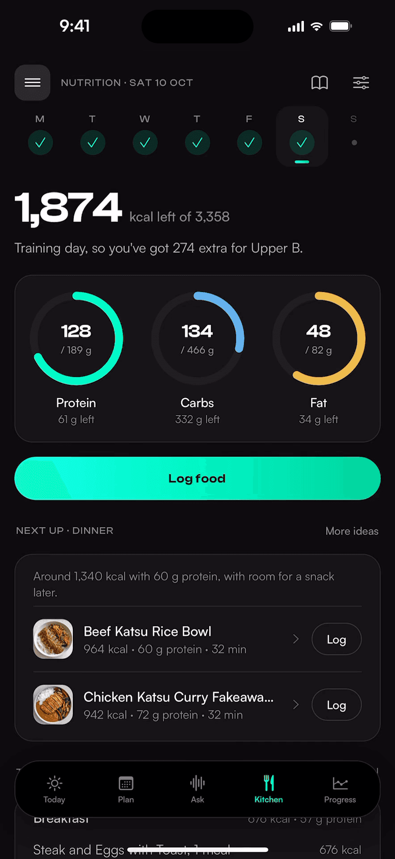 NATE Kitchen screen: calories left today, with extra for the training session
