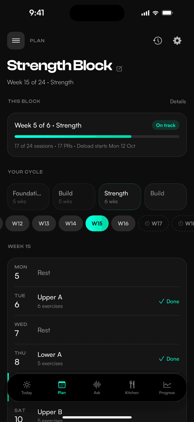 NATE Plan screen showing the current strength block and this week's sessions