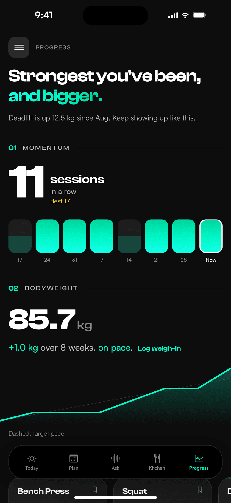 NATE Progress screen: sessions in a row and bodyweight trend