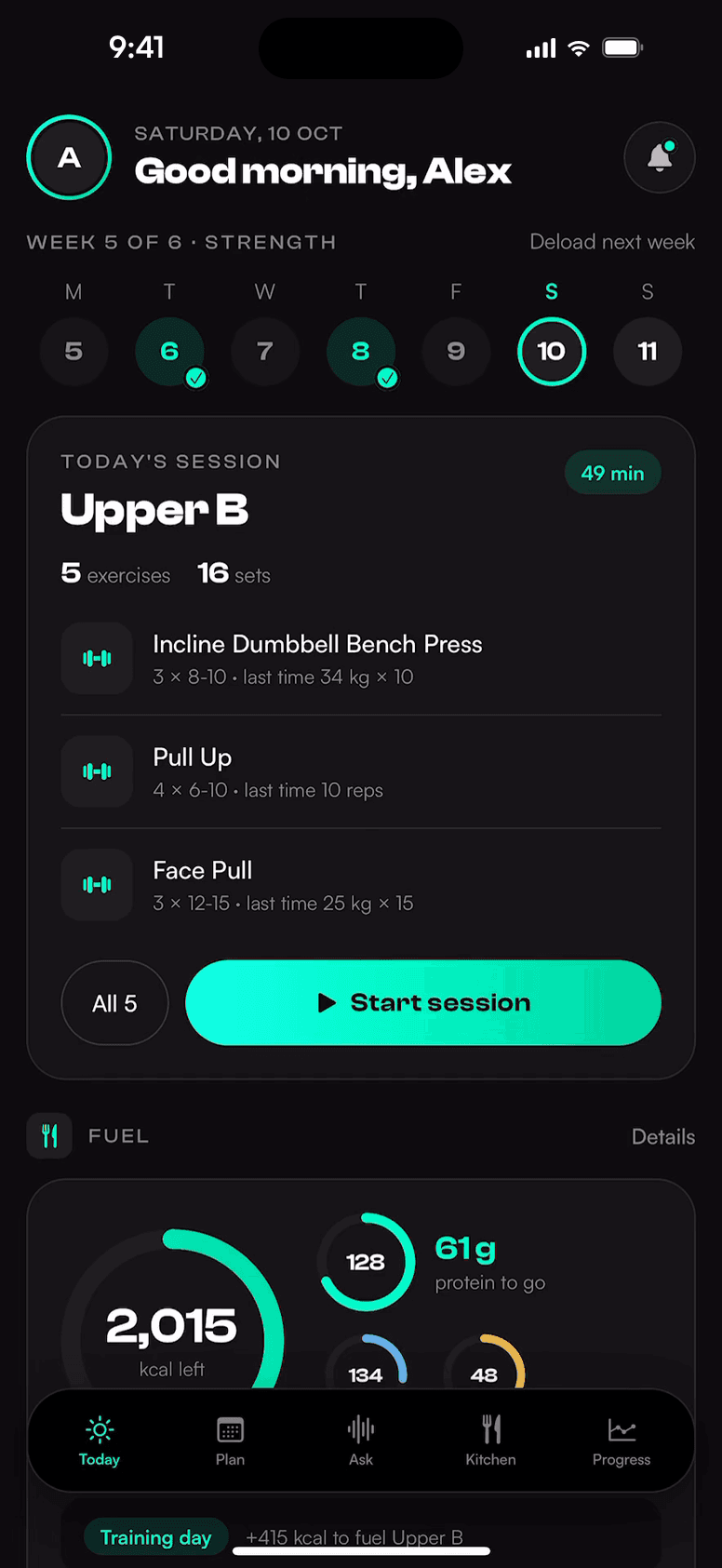 NATE Today screen: Saturday's Upper B session ready to start, with the week's progress and the day's fuel